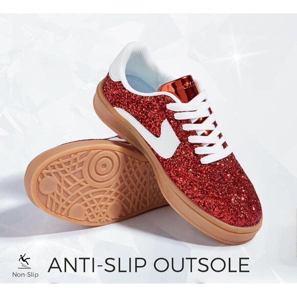 Lucky Step Women Red Casual Sparkly Bling Shiny Dressy Bedazzled Bridal Sneakers - Picture 3 of 9